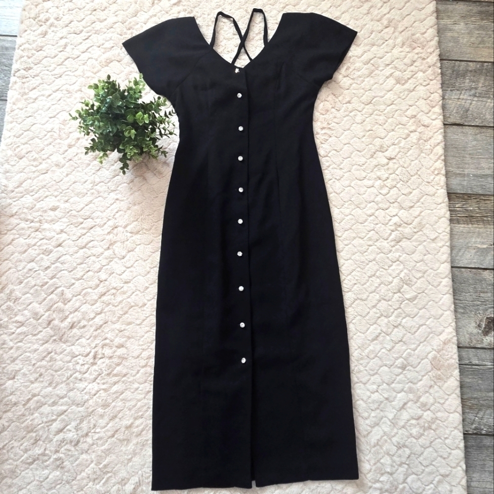 CDC Evening Vintage Black Cap Sleeve Faux-Diamond Button Front Formal Dress, 4